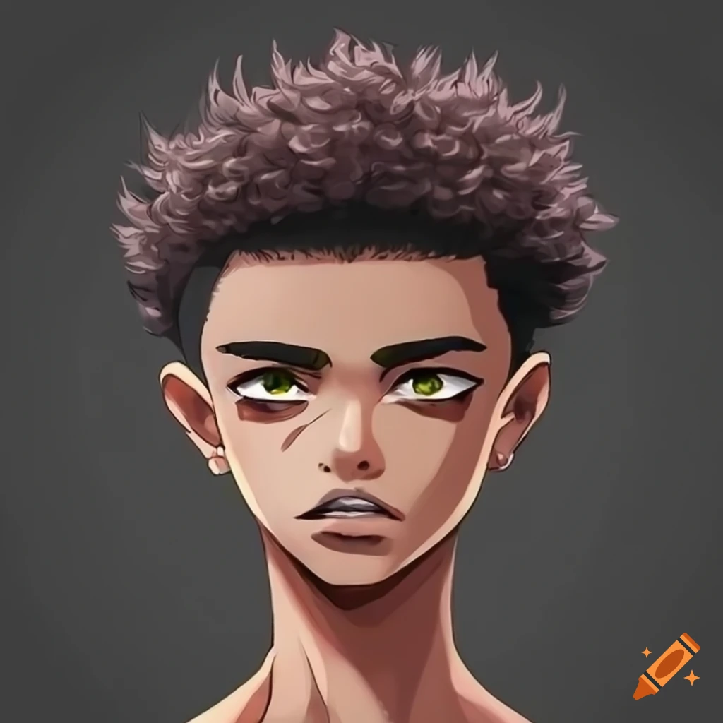 anime-inspired male character with dark brown skin and unique hairstyle