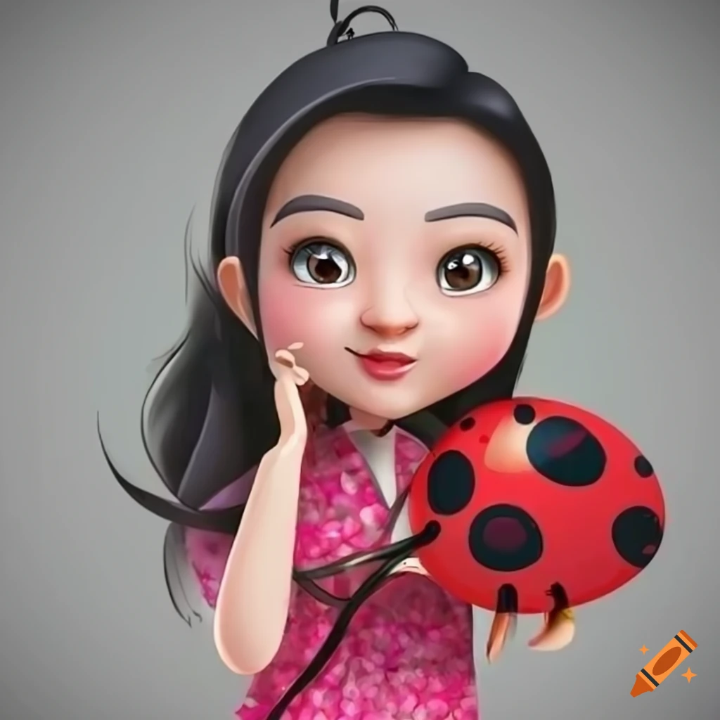 Cartoon illustration of a chinese lady with a ladybug on Craiyon