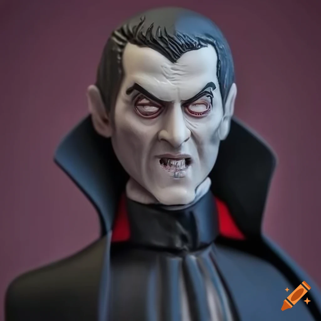 Close-up of a detailed dracula action figure with kids room in the ...