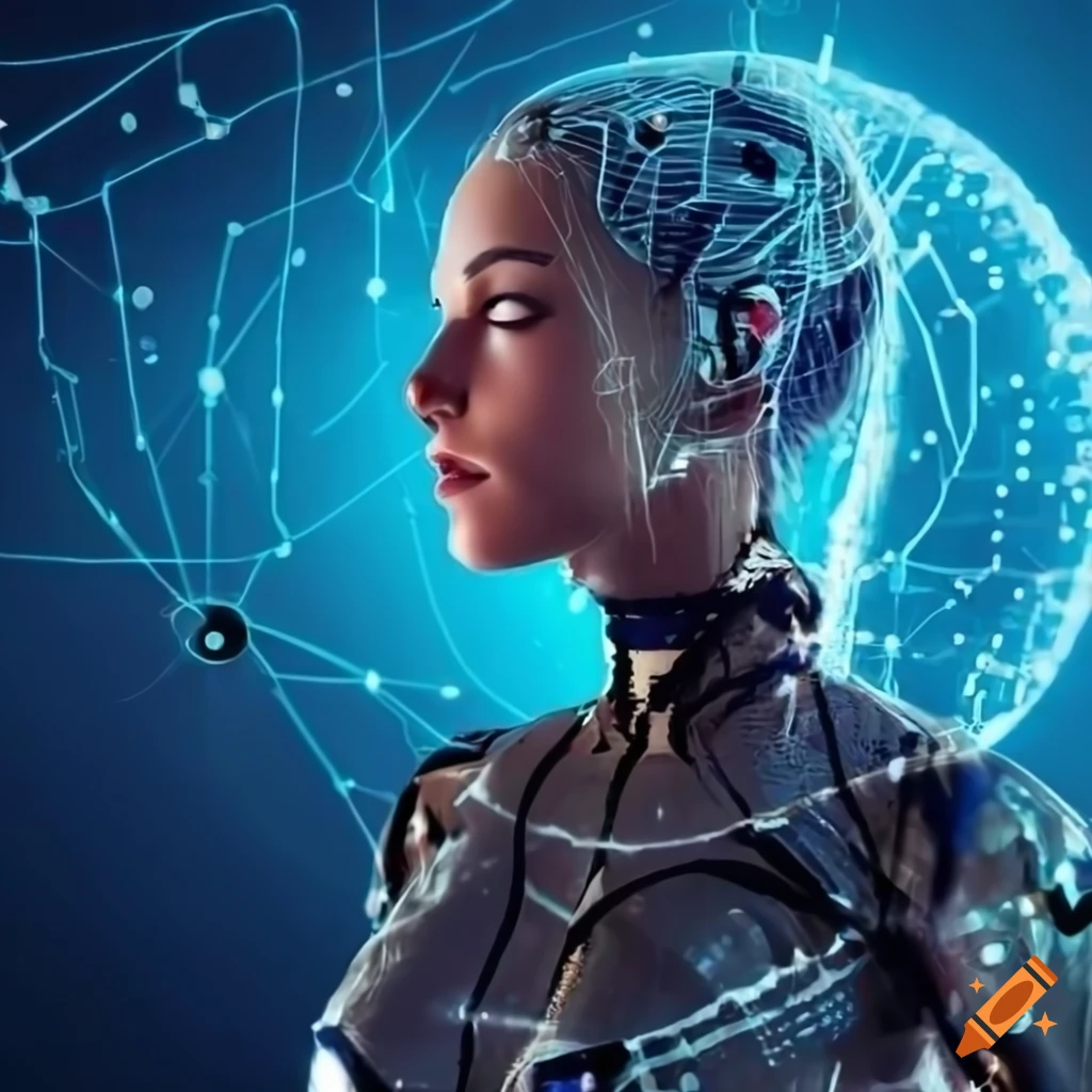 cybernetic woman with blue background and neural networks