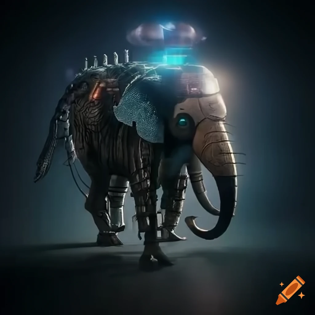 scifi illustration of a cyborg-elephant with solar panels