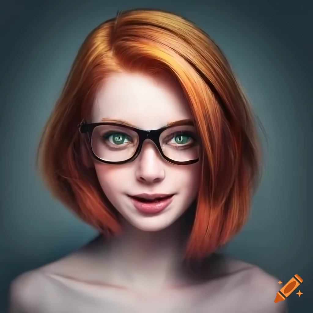 Smiling redhead girl with green eyes and black glasses on Craiyon