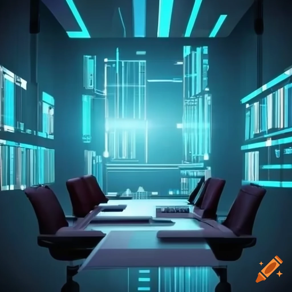 Futuristic meeting room with data graphs on multiple displays