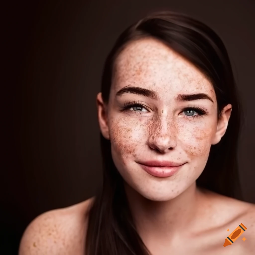 Portrait of a beautiful young woman with freckles and dark brown hair ...