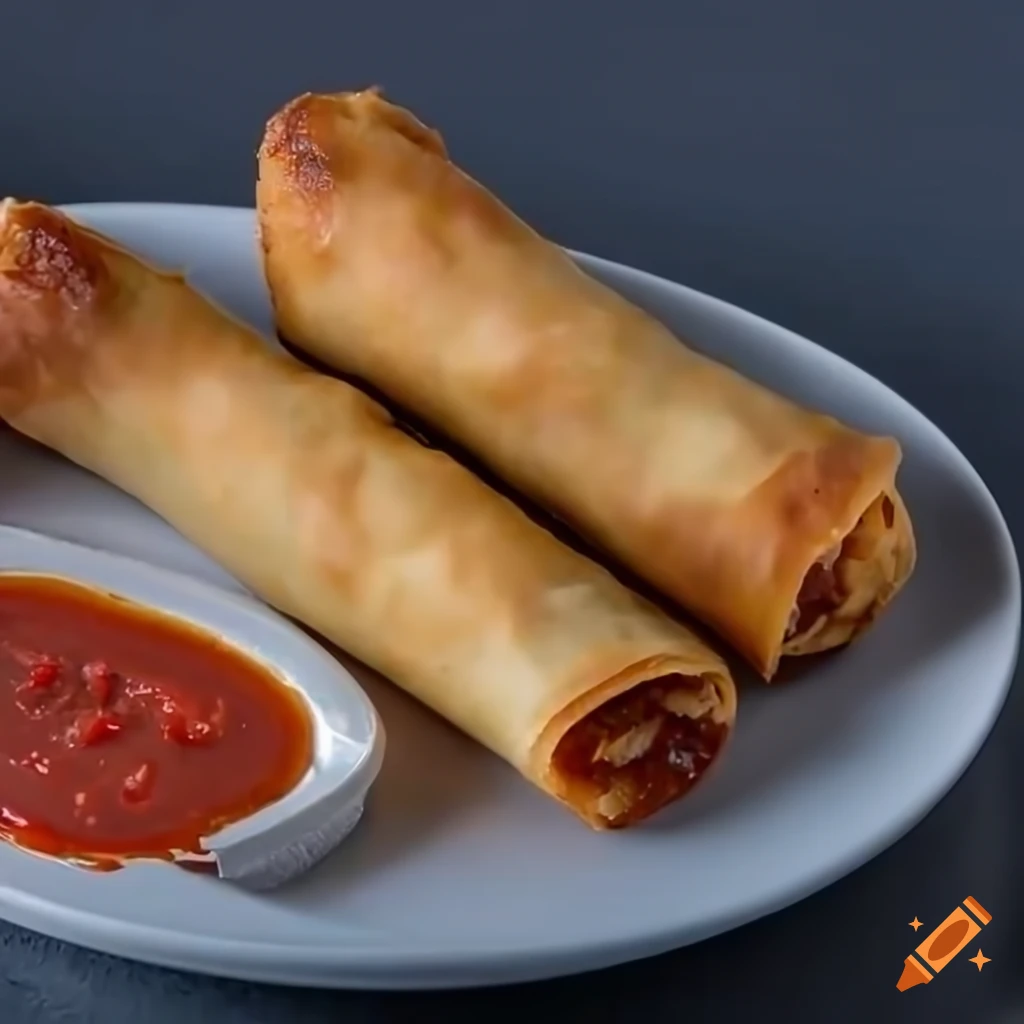 Delicious egg rolls with spicy sauce on Craiyon