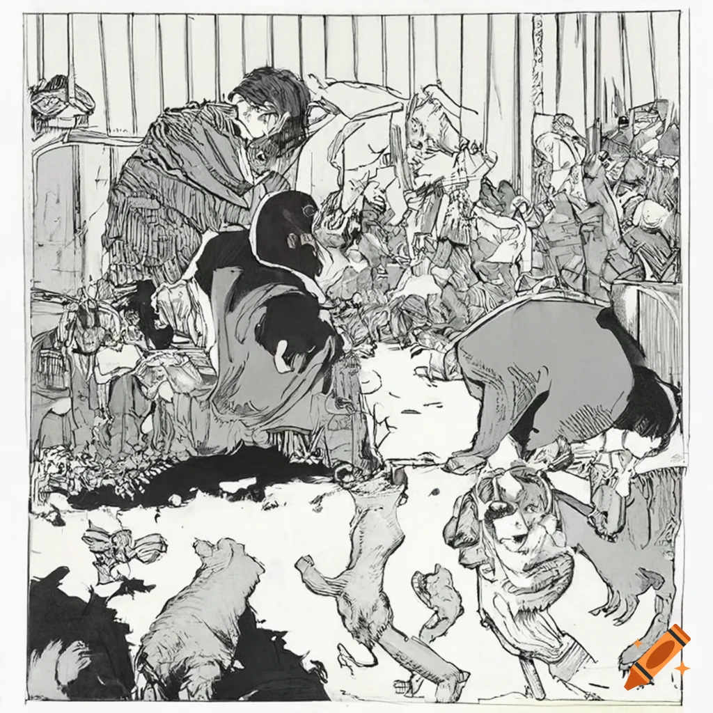 Ukiyoe style drawing of dogs fighting in a futuristic scene on Craiyon