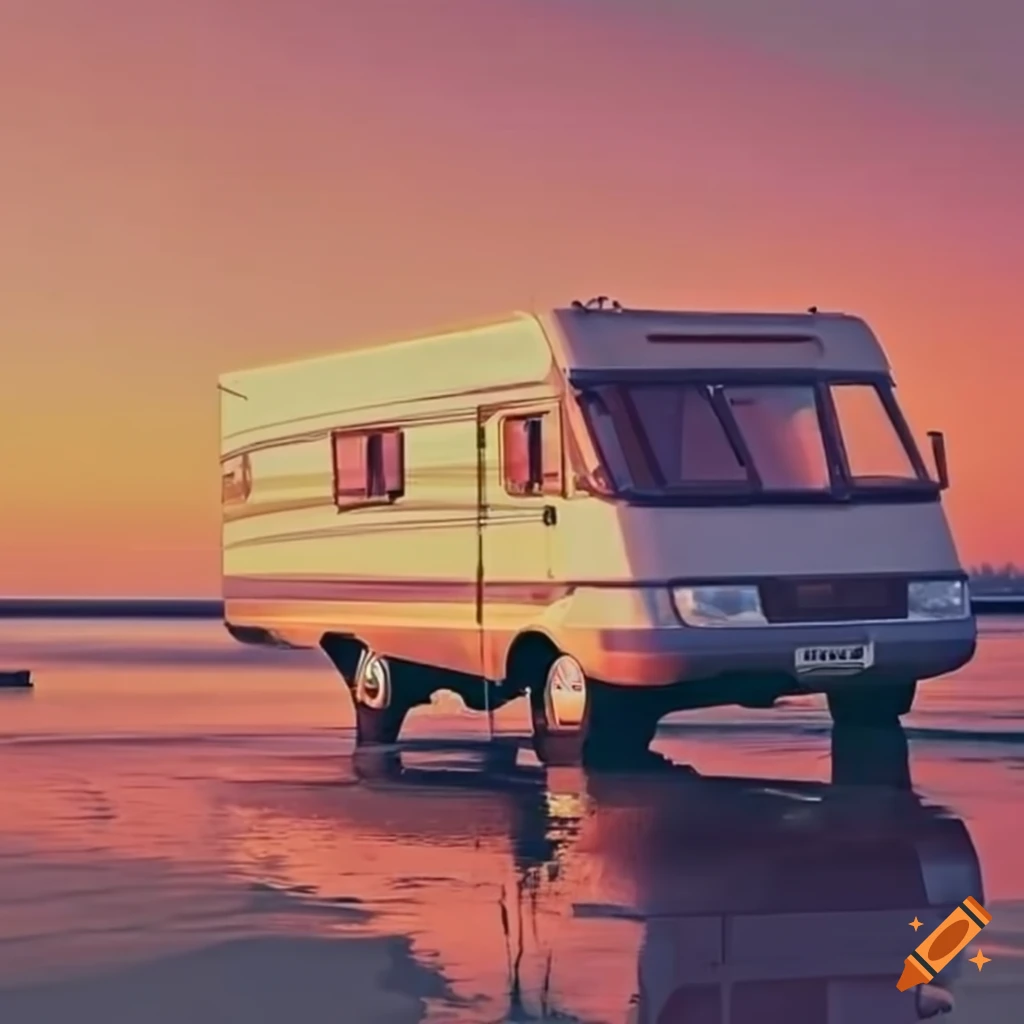 Hymer camper van at sunset on the beach