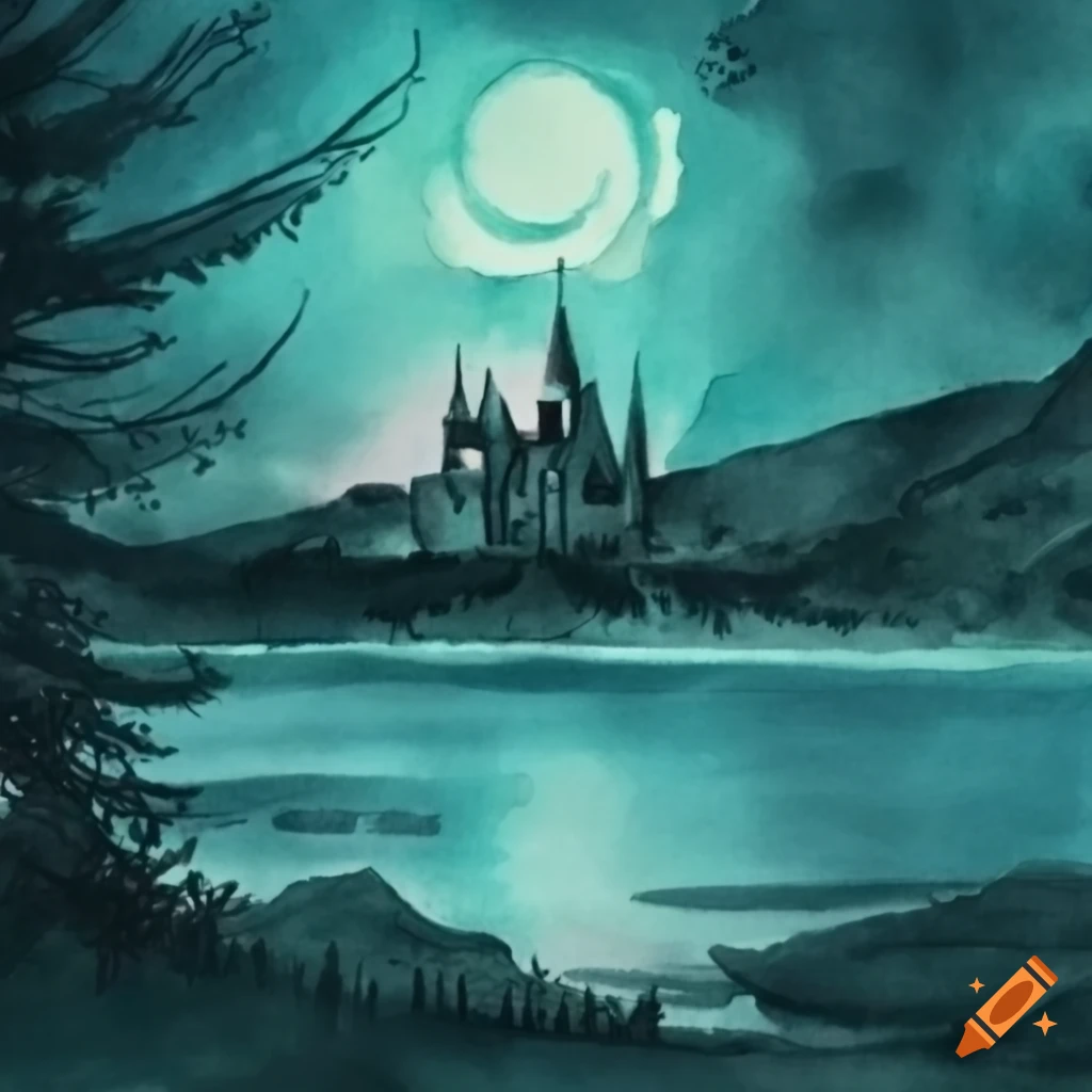 watercolor painting of Hogwarts castle at night
