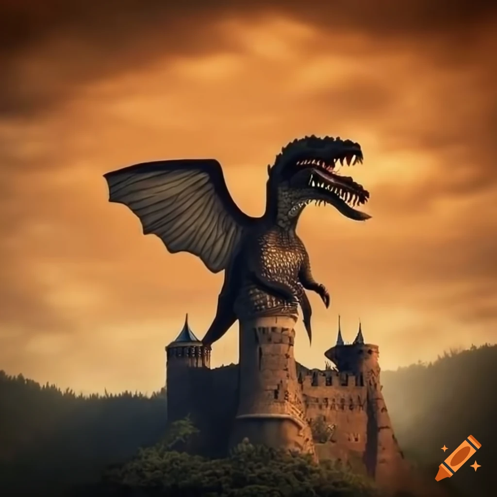 illustration of a t-rex with dragon wings and a romanian castle in the background
