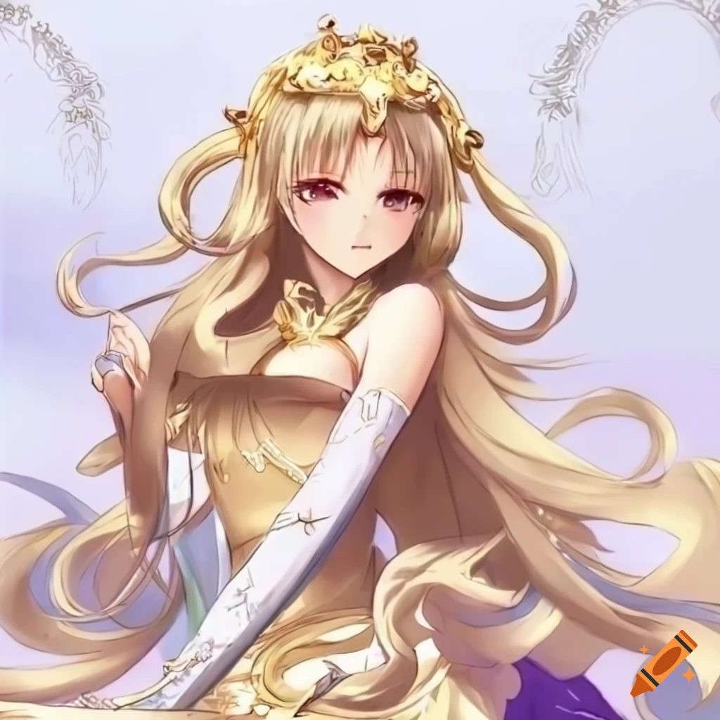 anime illustration of Goddess Iris with long wavy blonde hair