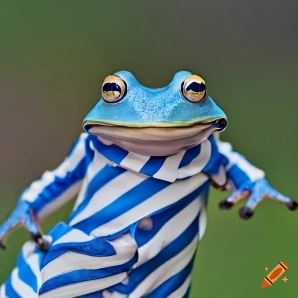 Frogs in fancy suits with blue and white stripes on Craiyon