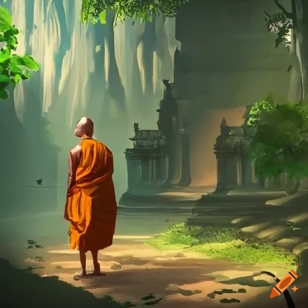 concept art of a monk walking in a Cambodian jungle