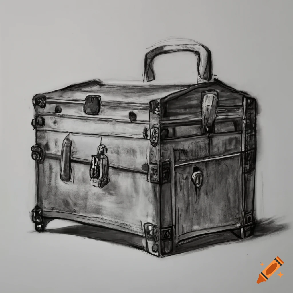 charcoal drawing of a busy train depot with a large steamer trunk