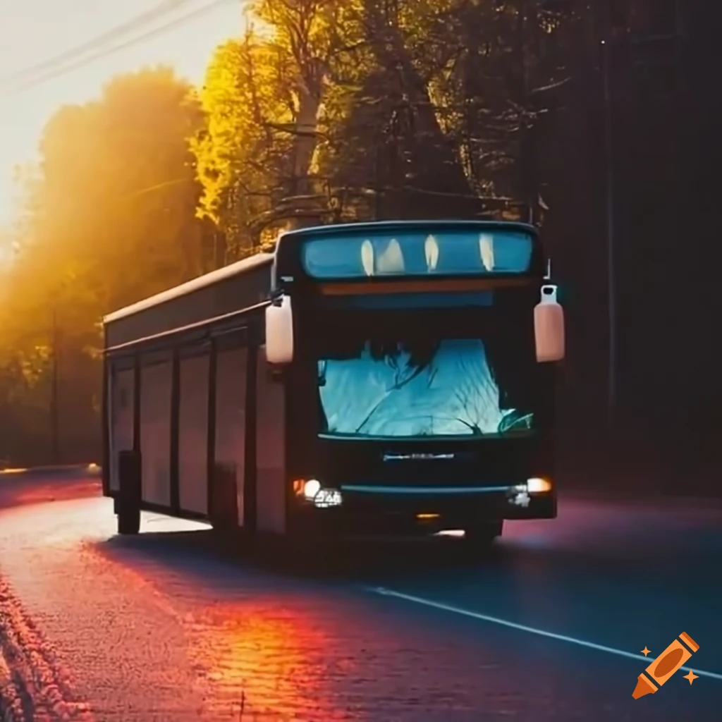 black bus driving on a dark road during sunset