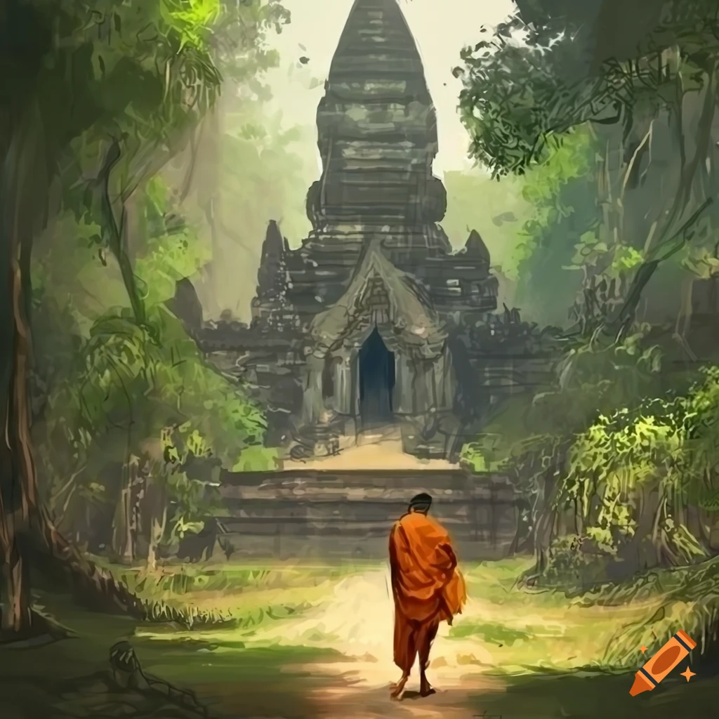 concept art of a monk walking in a Cambodian jungle