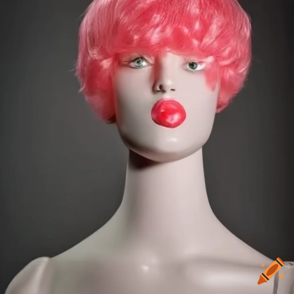 Mannequin wearing a bubble gum pink wig on Craiyon