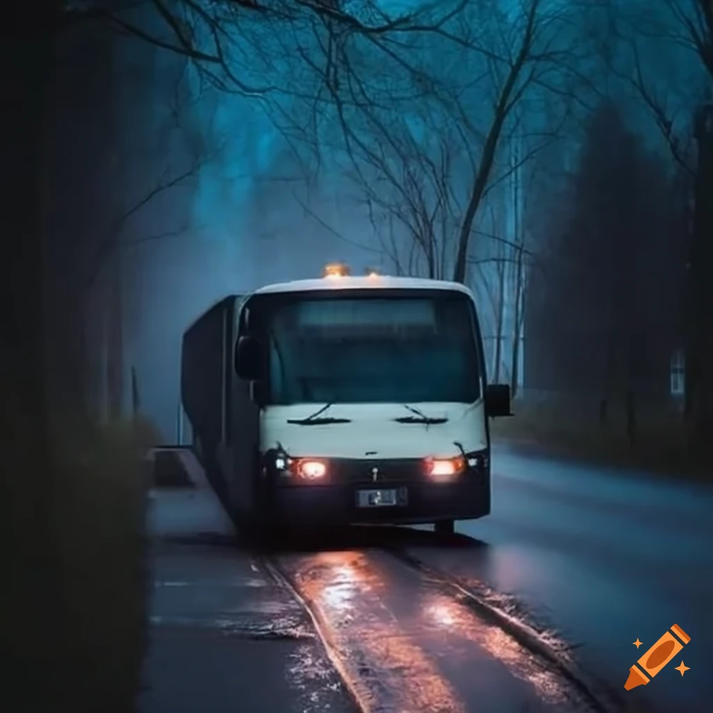 Black bus driving on a dark road during twilight on Craiyon