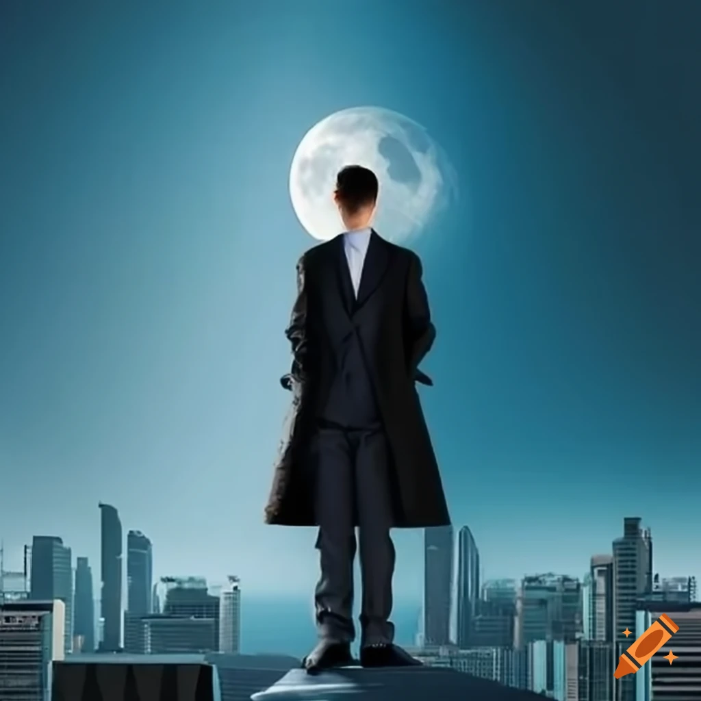 man in a suit gazing at the moon from a skyscraper