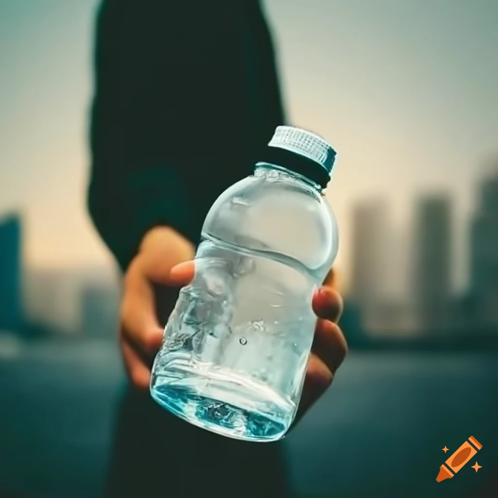 hand holding a bottle of water in a modern city