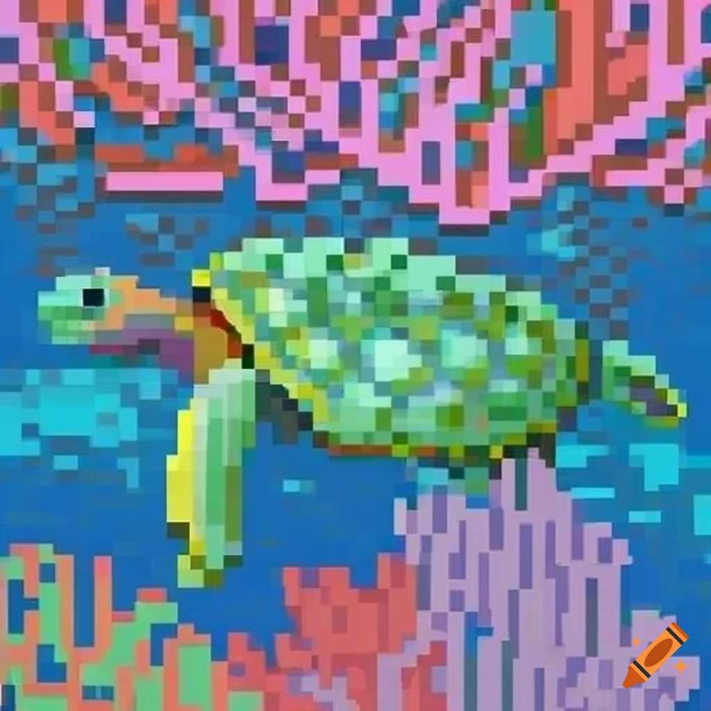 Pixel art of a sea turtle swimming in vibrant coral on Craiyon