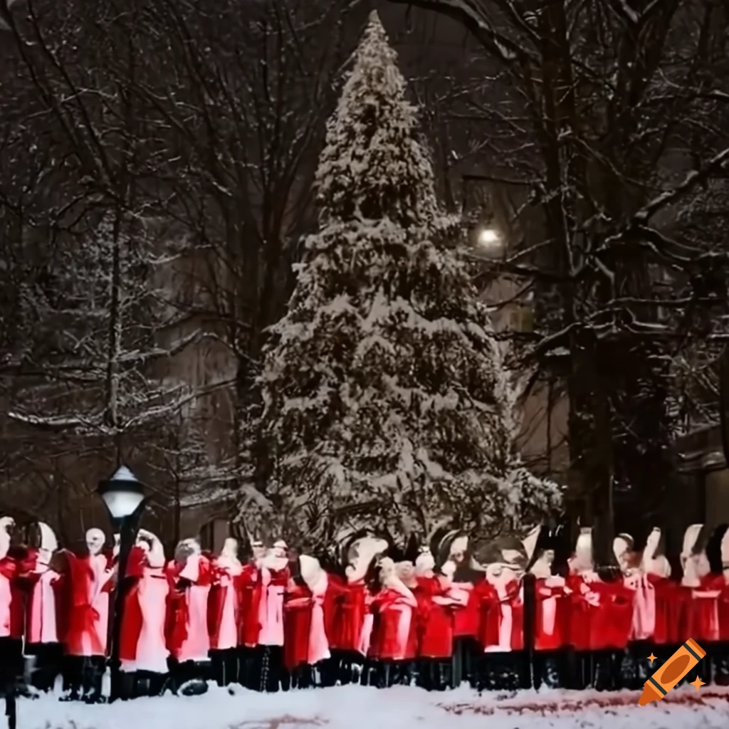 snowfall as a choir sings under a street lamp