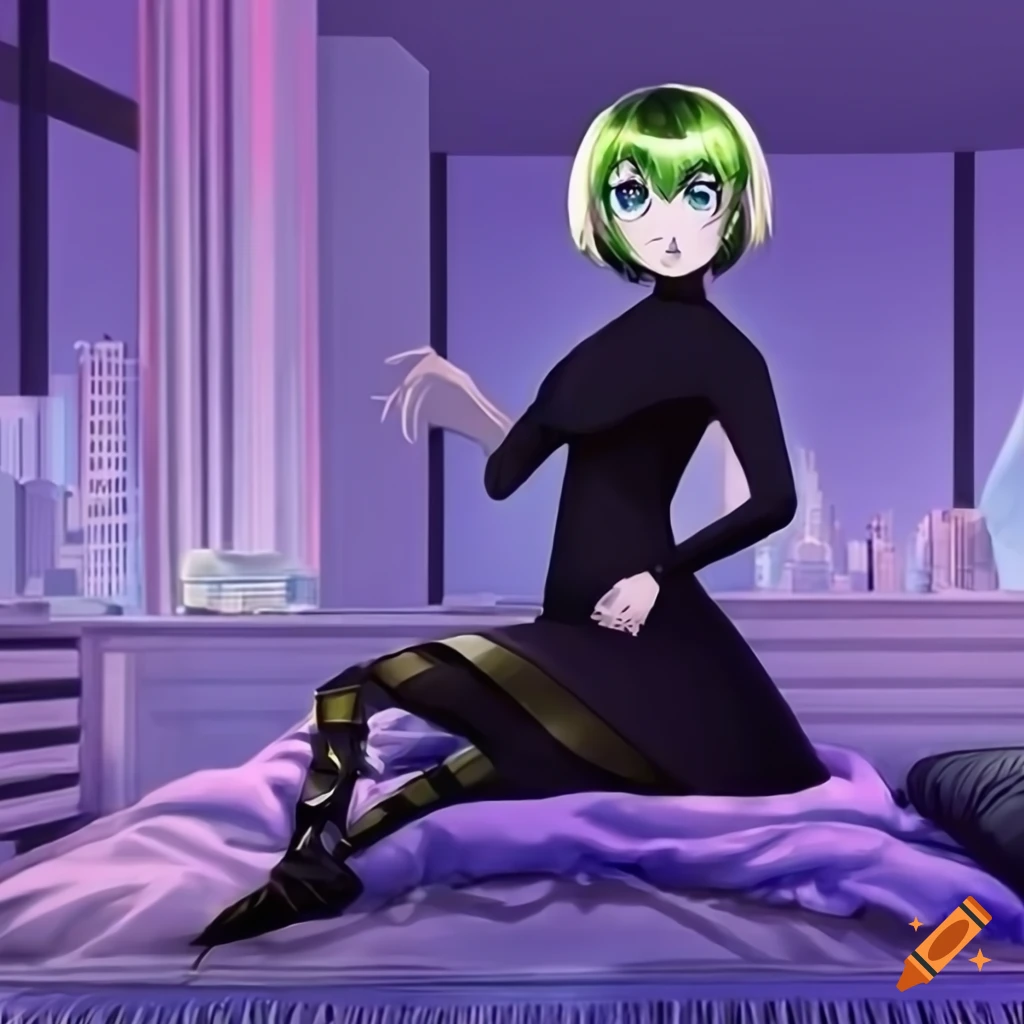 anime character in futuristic outfit sitting in a bedroom with city view