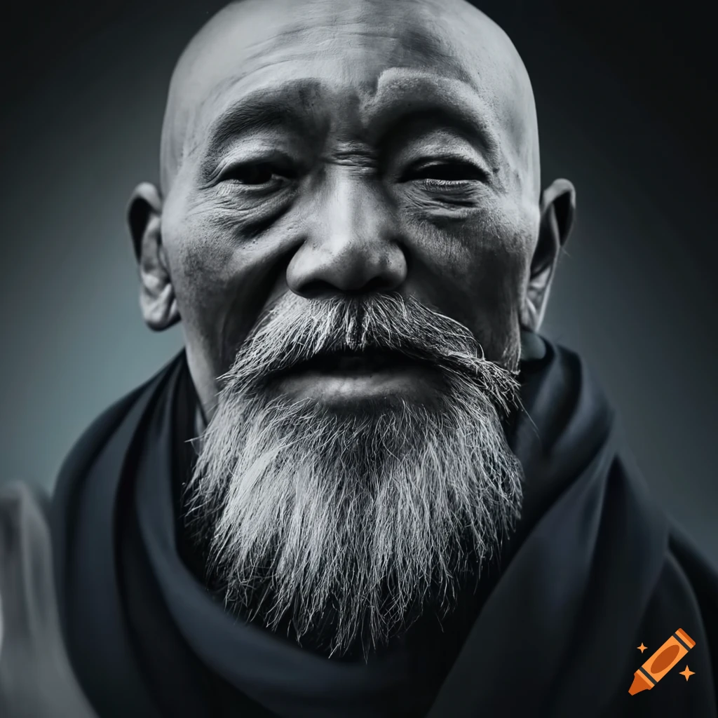 black and white portrait of an oriental monk with a beard
