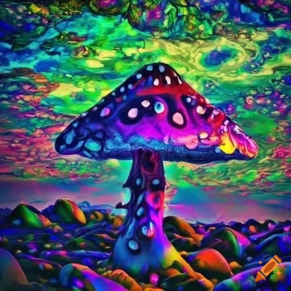 Vibrant psychedelic landscape with galaxy mushrooms on Craiyon