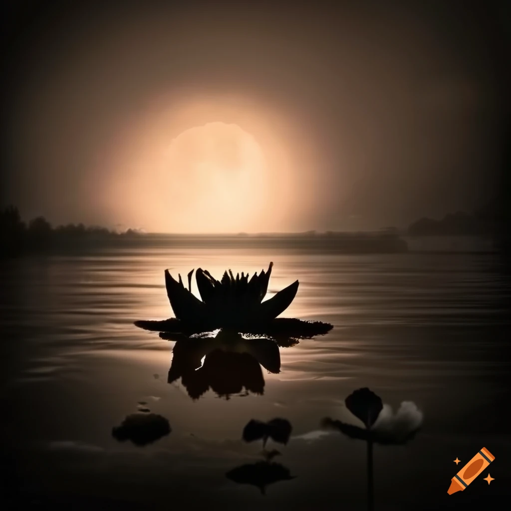 Moon rising behind a lotus flower in a lake on Craiyon