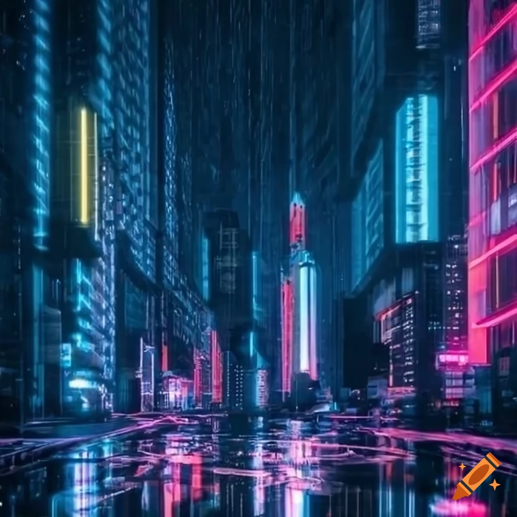 neon-lit futuristic cityscape in the rain