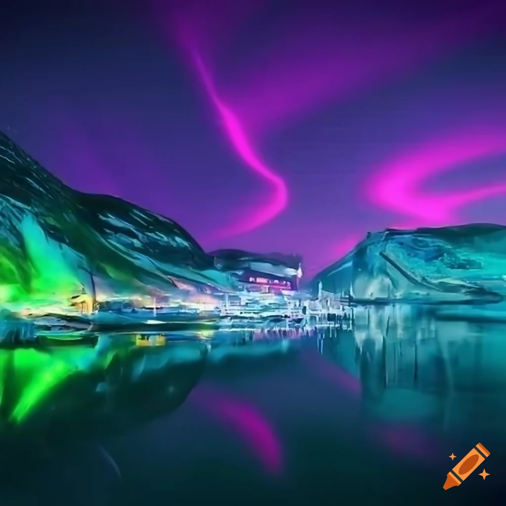 man overlooking futuristic purple cities from icy fjord cliffs