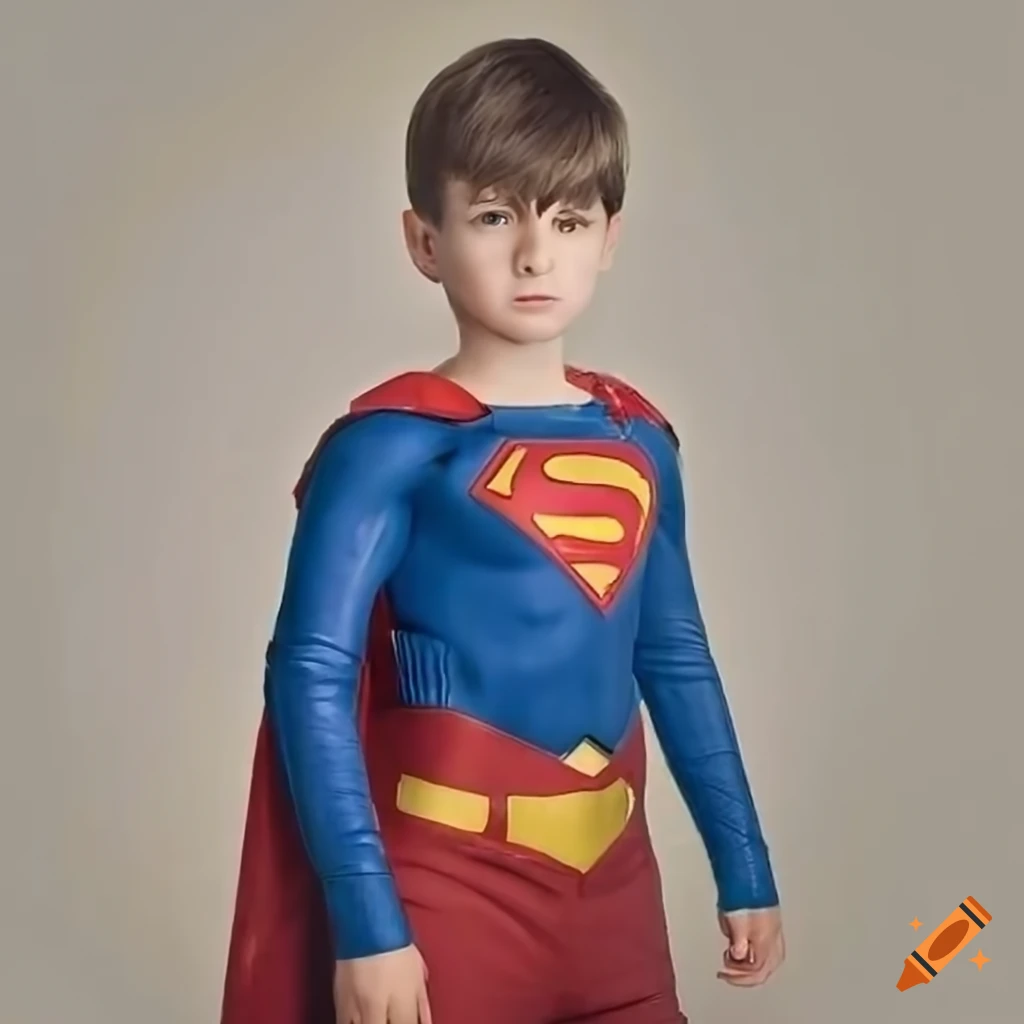 Photo realistic young boy in superman cosplay on Craiyon