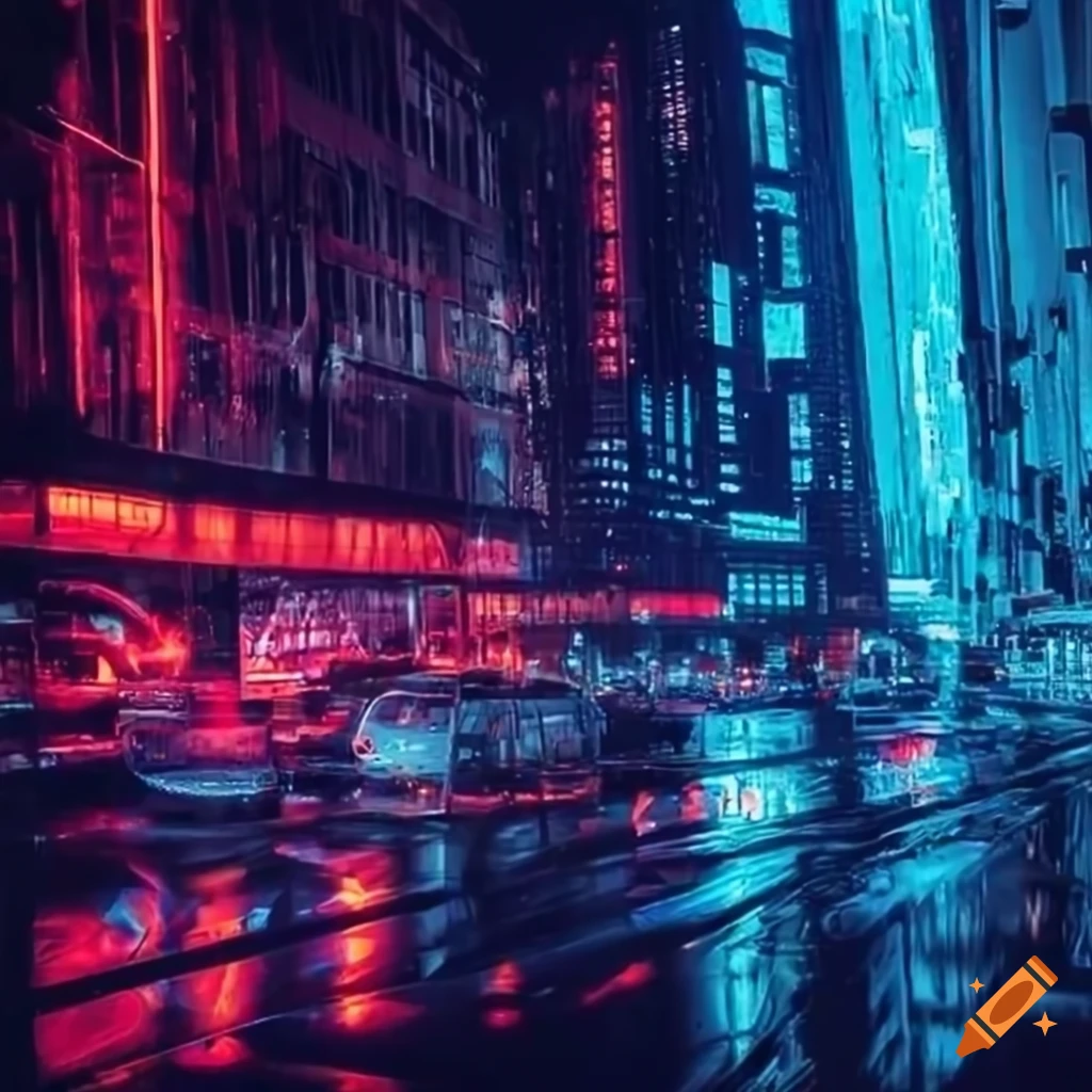 neon-lit futuristic cityscape with crystal skyscrapers