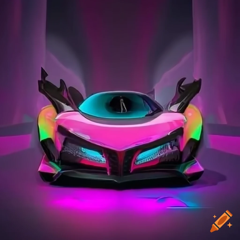 colorful cyberpunk NFT artwork of a hypercar factory