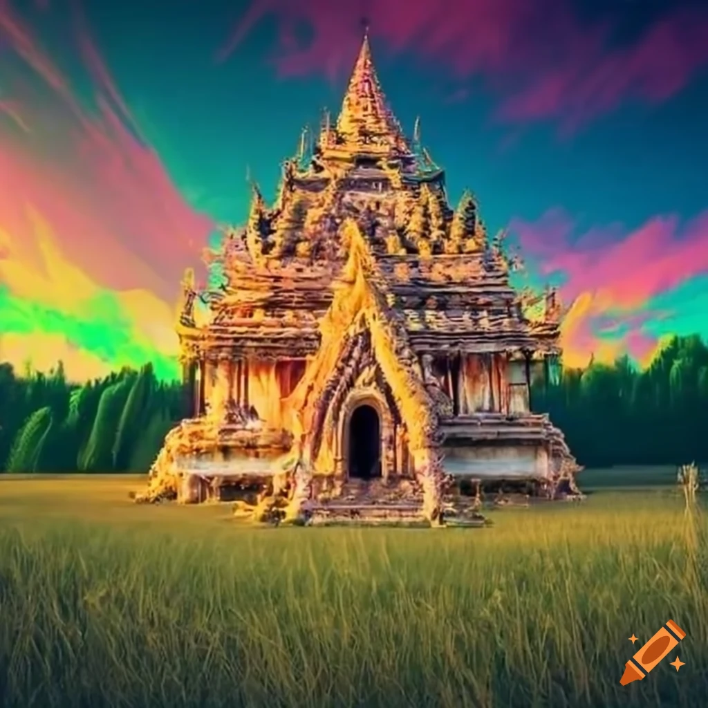 colorful temple in a grassy field