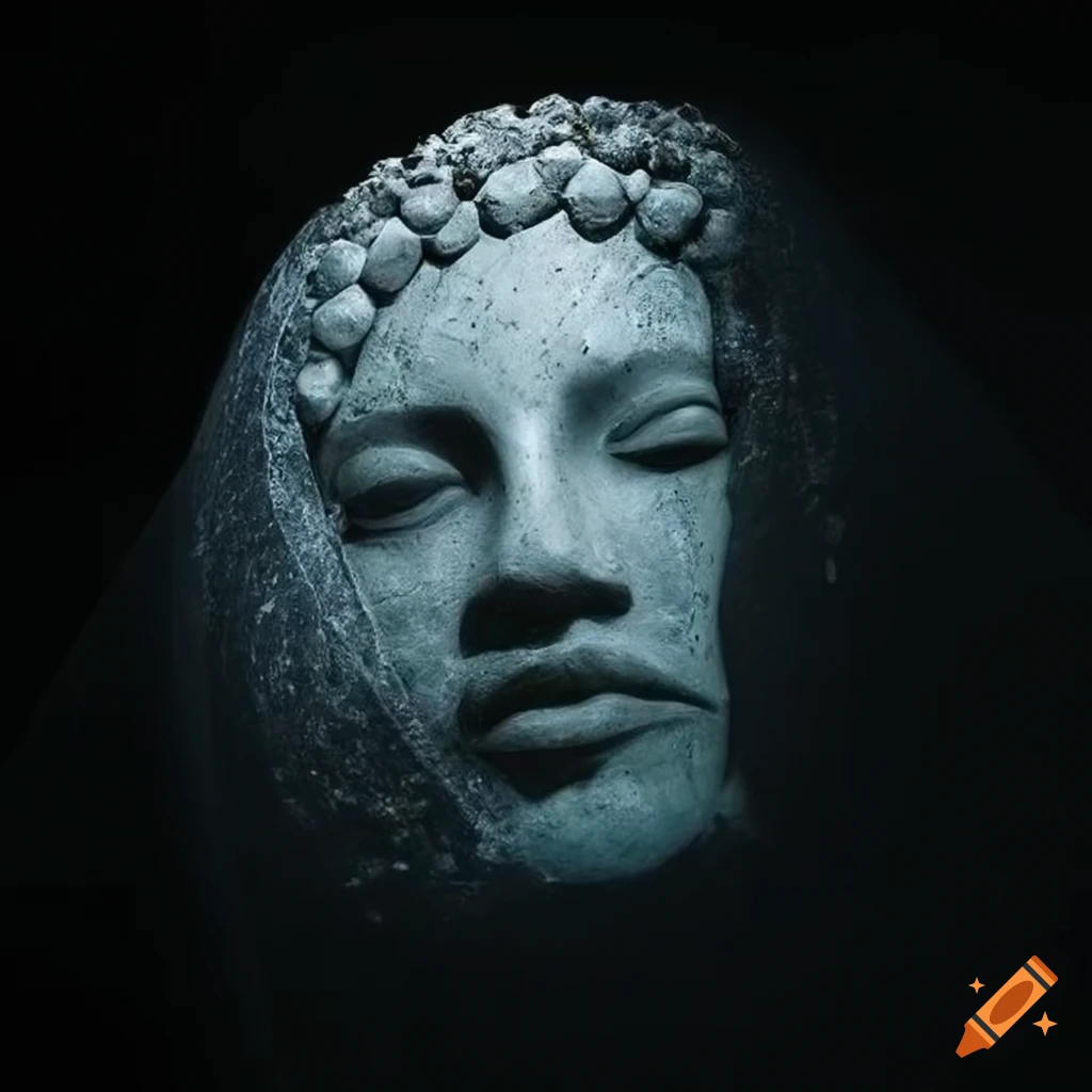 Stone sculpture of face with veil