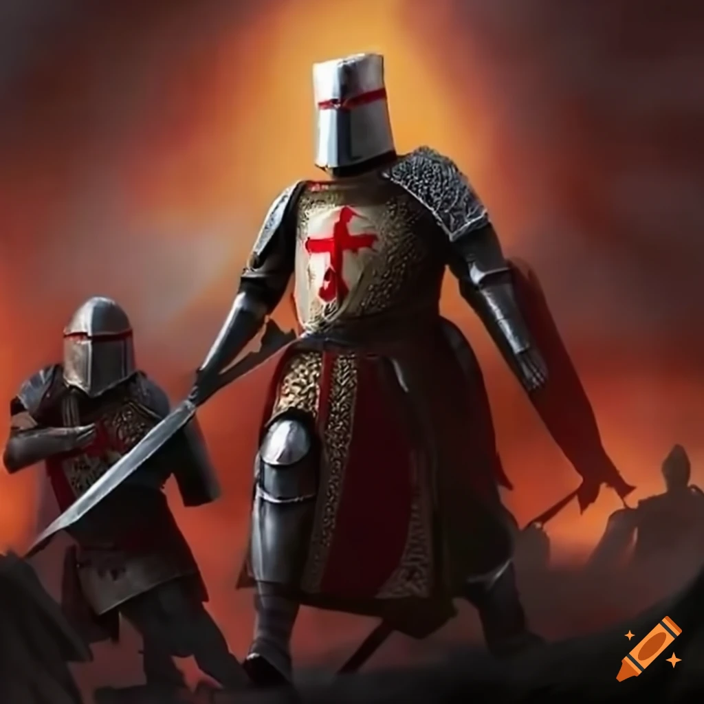 Depict a heroic knight templar clad in armor, wielding a sword, or holding  the iconic templar emblem. also depict a second person as a modern day  scholar holding a book and a