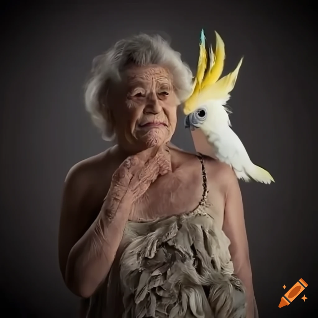 elderly woman with cockatoo feathers for hair
