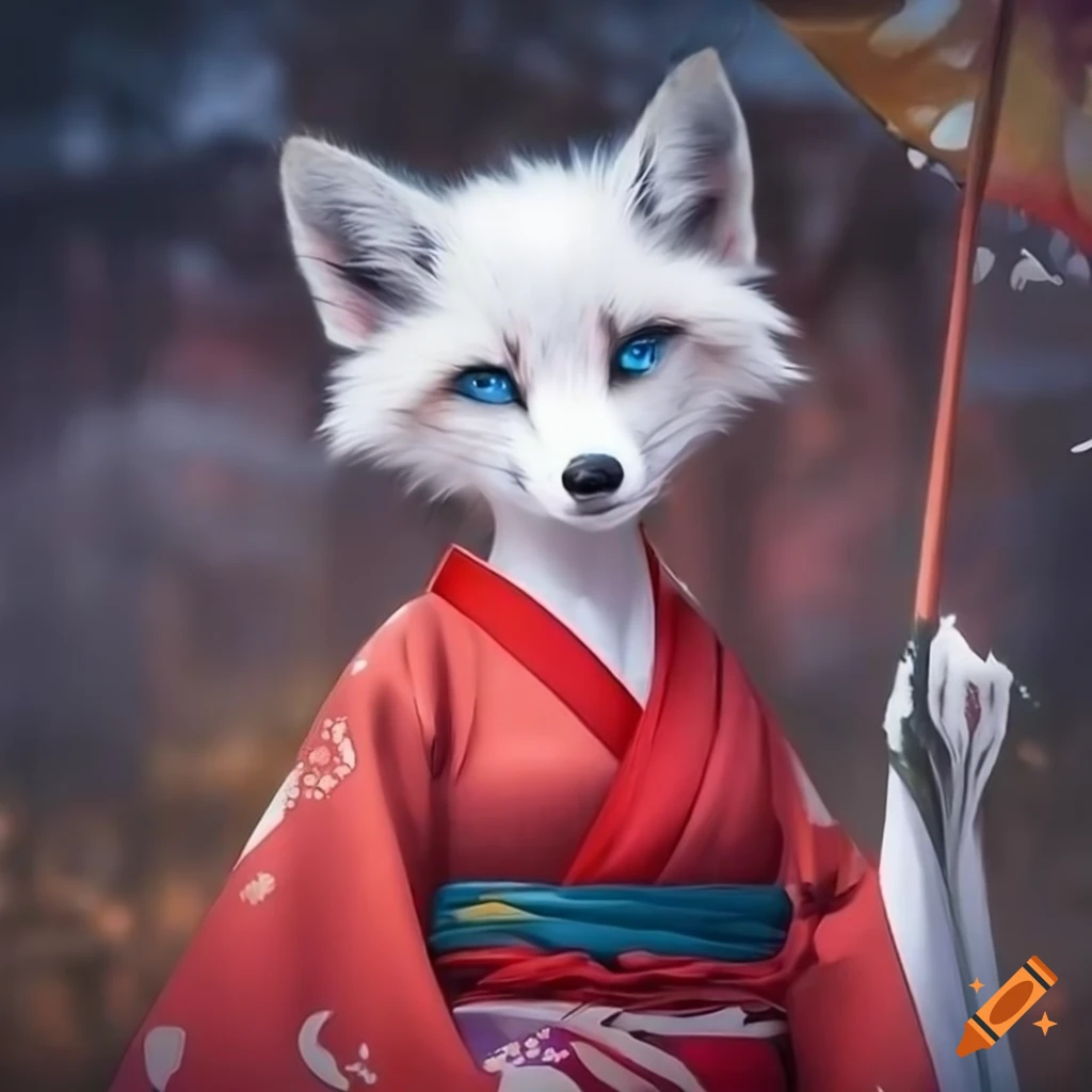 striking white fox in a red kimono