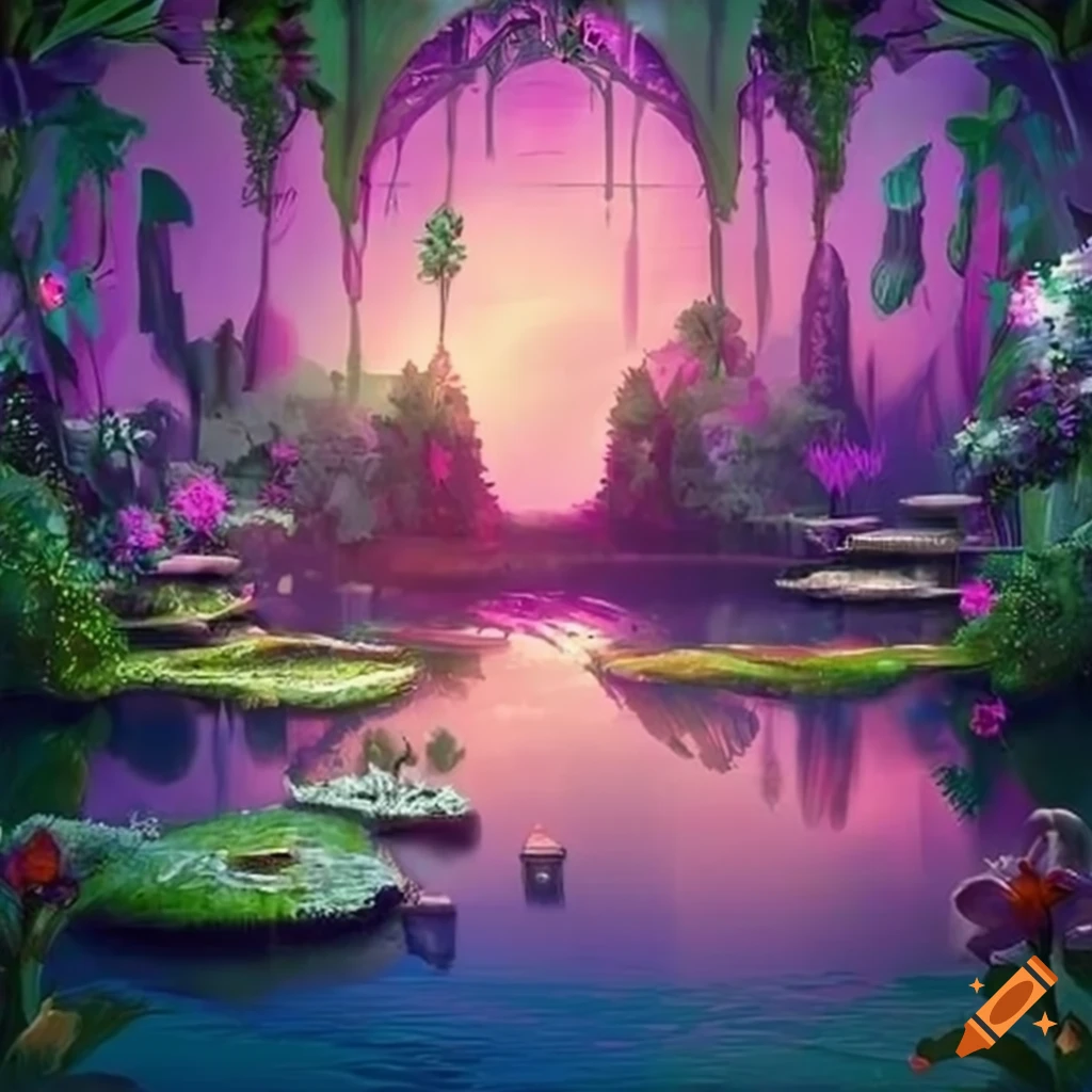 fantasy architecture with water, foliage, and flowers