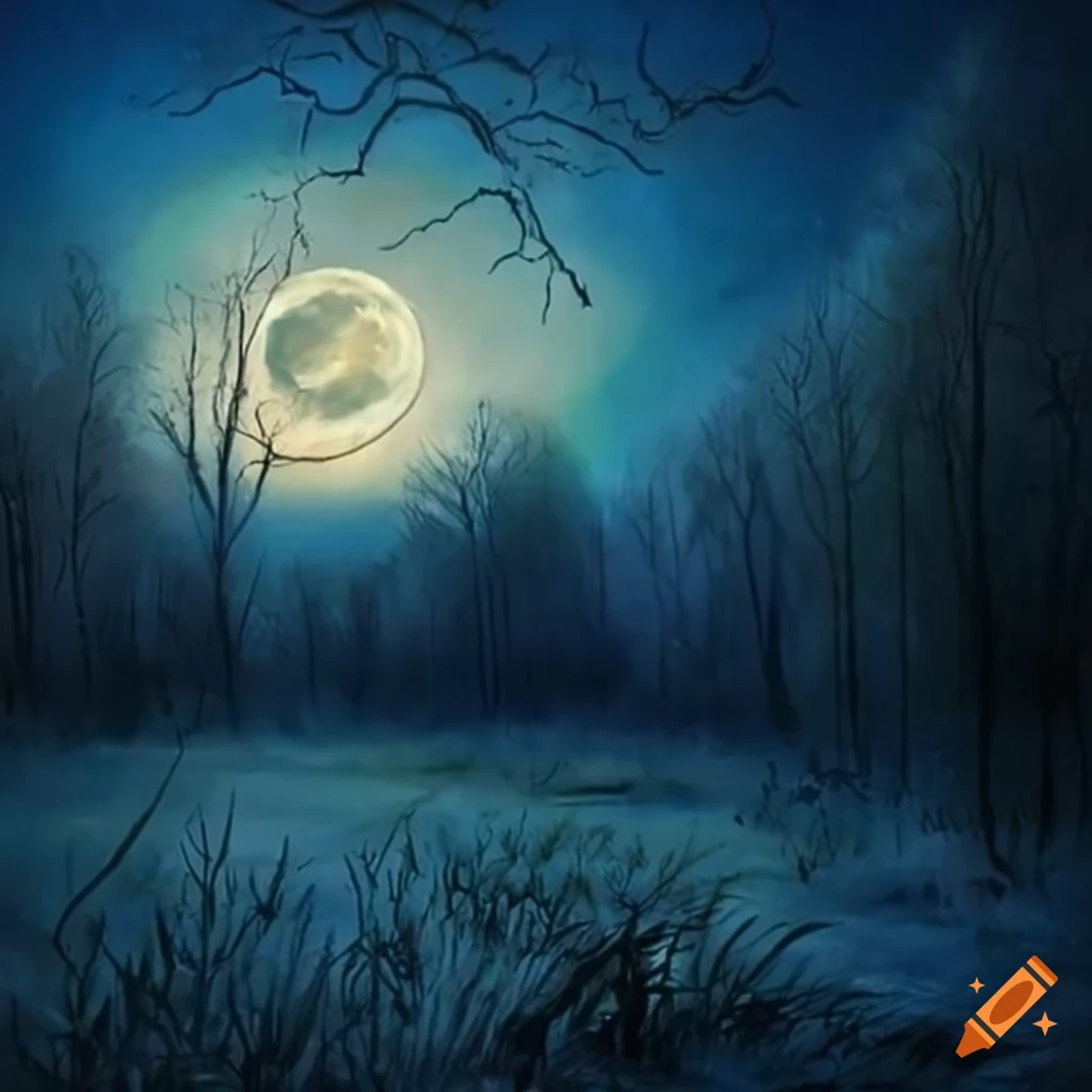 frost-covered meadow illuminated by moonlight painting
