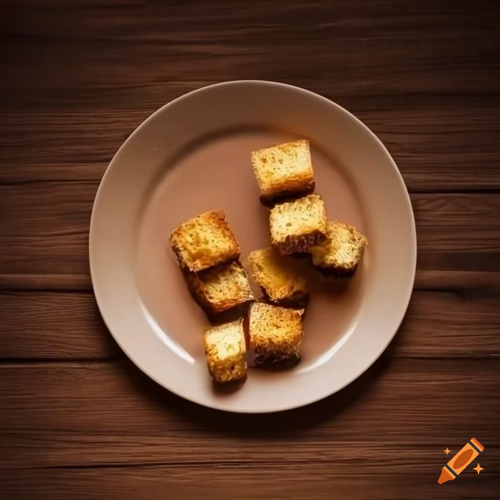 wooden lunch table with croutons on paper plates