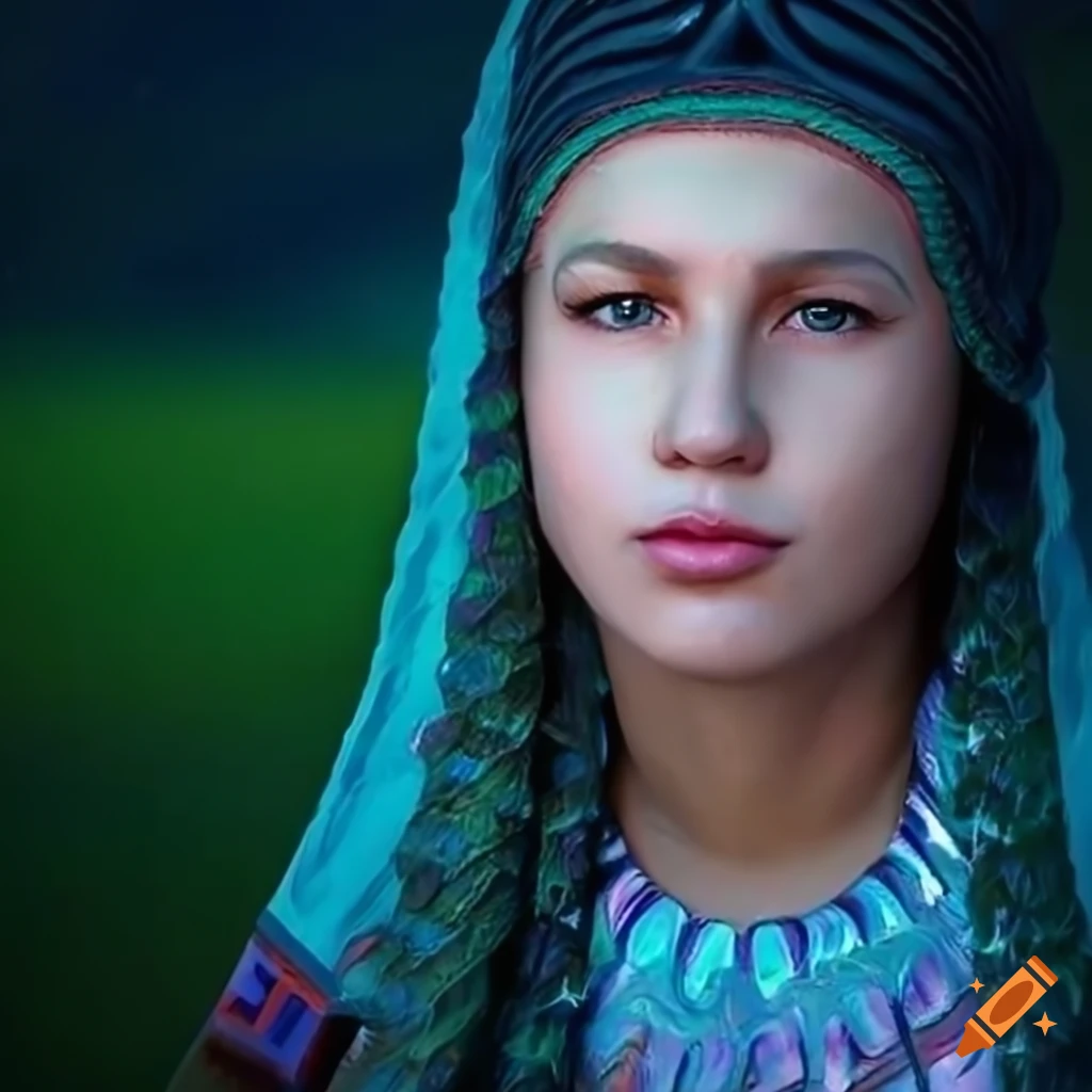 Mystical slavic christian woman in traditional attire in a vibrant