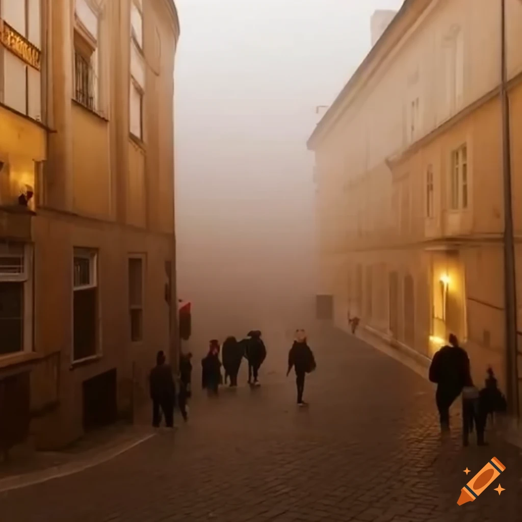 ethereal European streetscape in mist