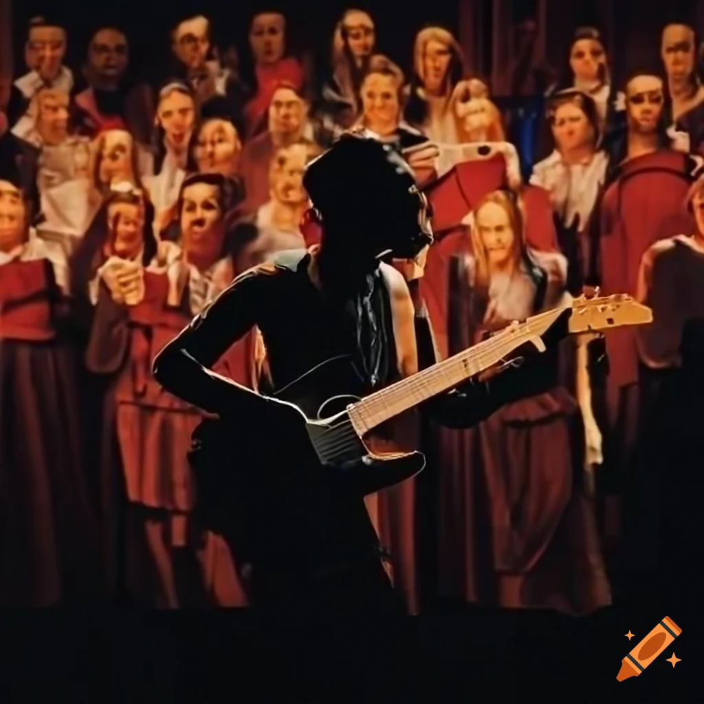 people singing in a choir with a guy playing electric guitar