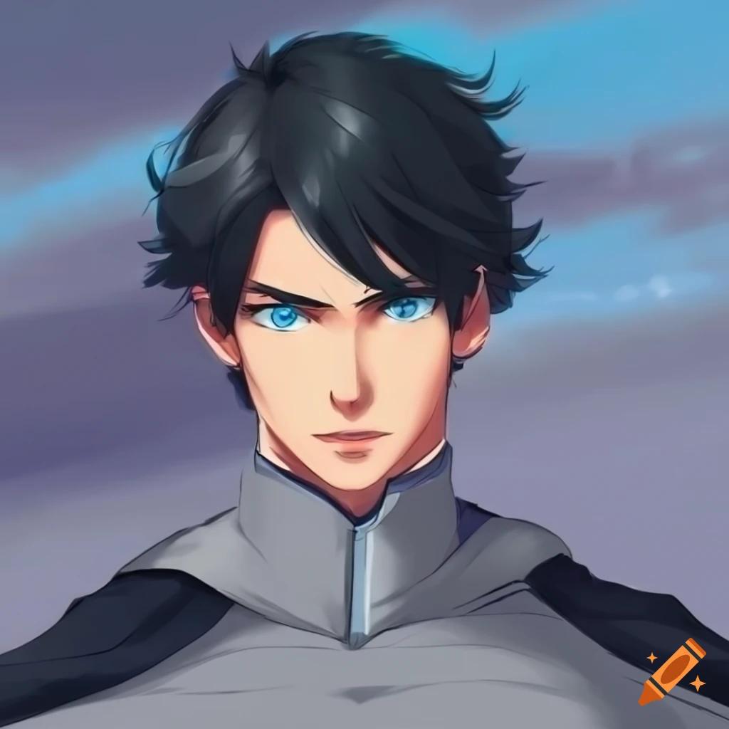 anime male superhero with wavy black hair and blue eyes
