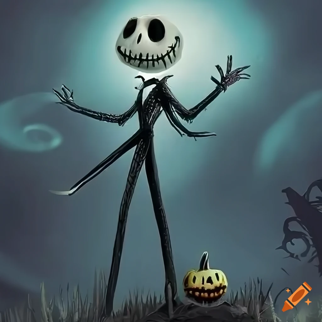 Jack skellington walking on a spooky halloween background on Craiyon