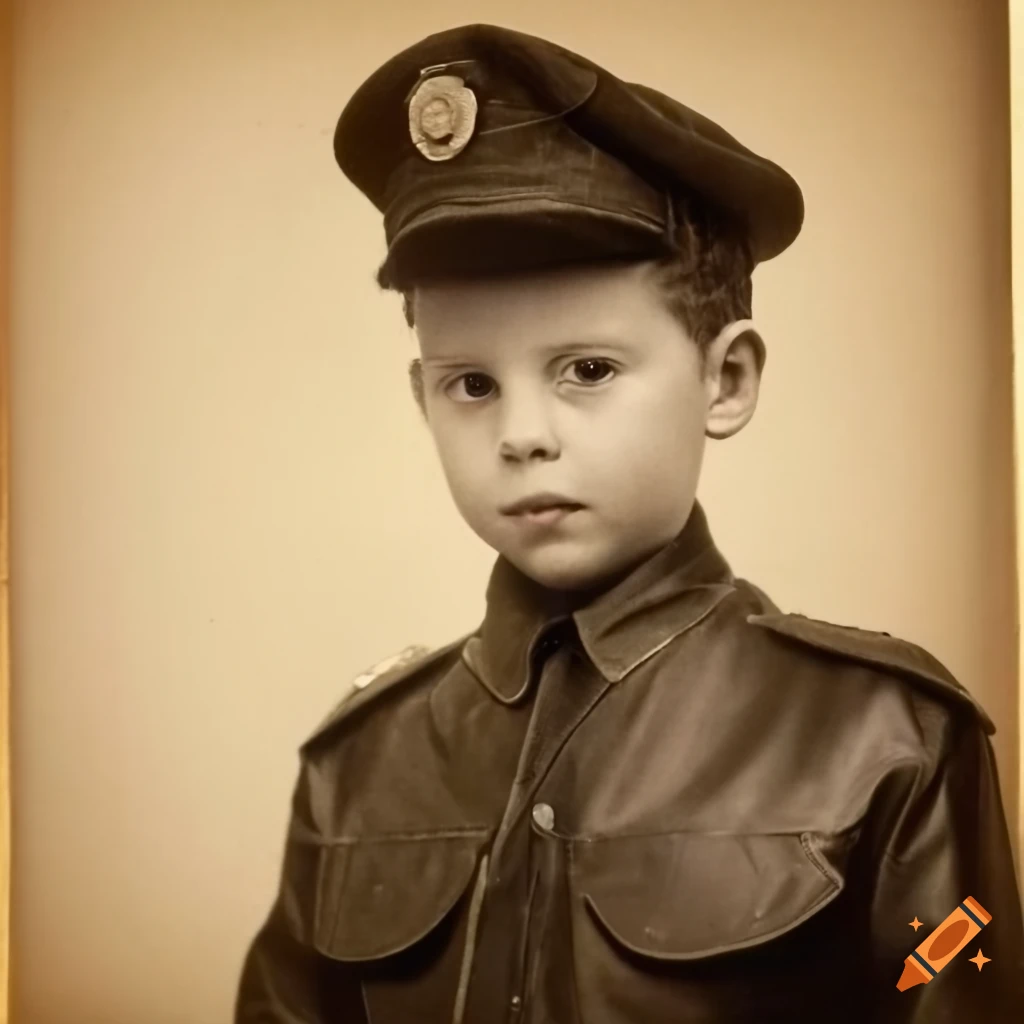 Photo realistic vintage portrait of a young boy in a security guard uniform