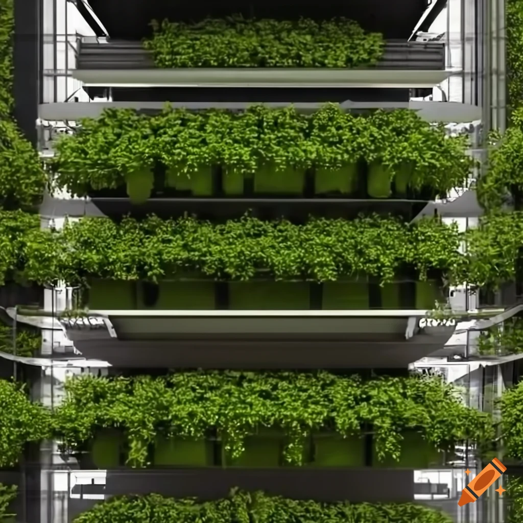 3D rendering of a modern vertical farm with growing herbs