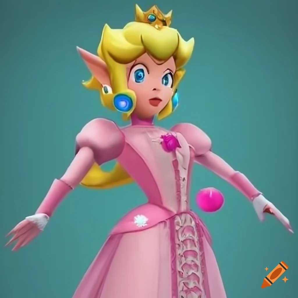 Link in princess Peach's pink ballgown and high heels on Craiyon